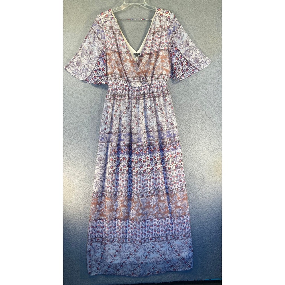 Lily Rose Maxi Dress Womens Medium‎ Beige Blue Floral Boho Lined V Neck Babydoll